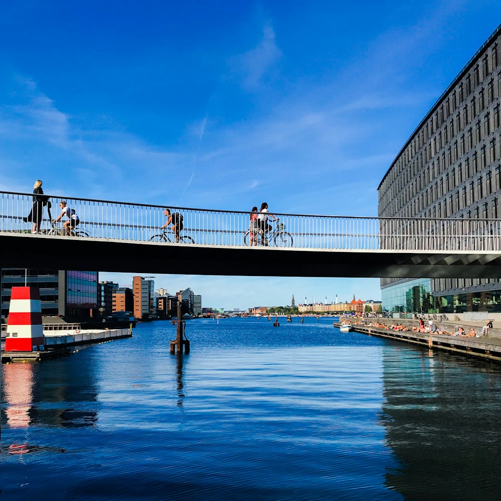 people crossing bridge