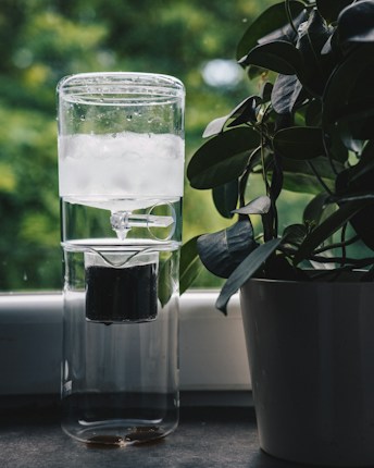 A glass cold brew coffee maker is placed on a windowsill. The device contains ice in the upper compartment, with coffee dripping into the lower section. To the right, there is a potted plant with large, glossy leaves. The background consists of a blurred, lush green scenery suggesting an outdoor view.