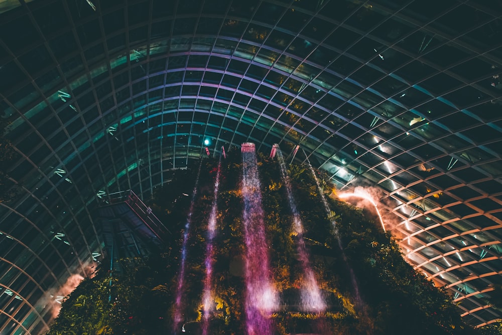 a view of the inside of a building at night