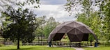 A geodesic dome made of wood stands in a park-like setting, surrounded by lush greenery and trees. A pathway leads to the structure, which contains picnic tables underneath. The scene includes a small lake in the background, reflecting the overcast sky.