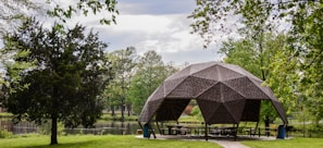 A geodesic dome made of wood stands in a park-like setting, surrounded by lush greenery and trees. A pathway leads to the structure, which contains picnic tables underneath. The scene includes a small lake in the background, reflecting the overcast sky.
