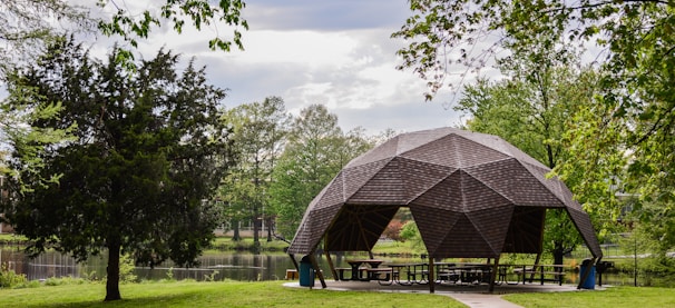 A geodesic dome made of wood stands in a park-like setting, surrounded by lush greenery and trees. A pathway leads to the structure, which contains picnic tables underneath. The scene includes a small lake in the background, reflecting the overcast sky.