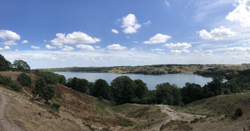 calm body of lake under white and blue clouds