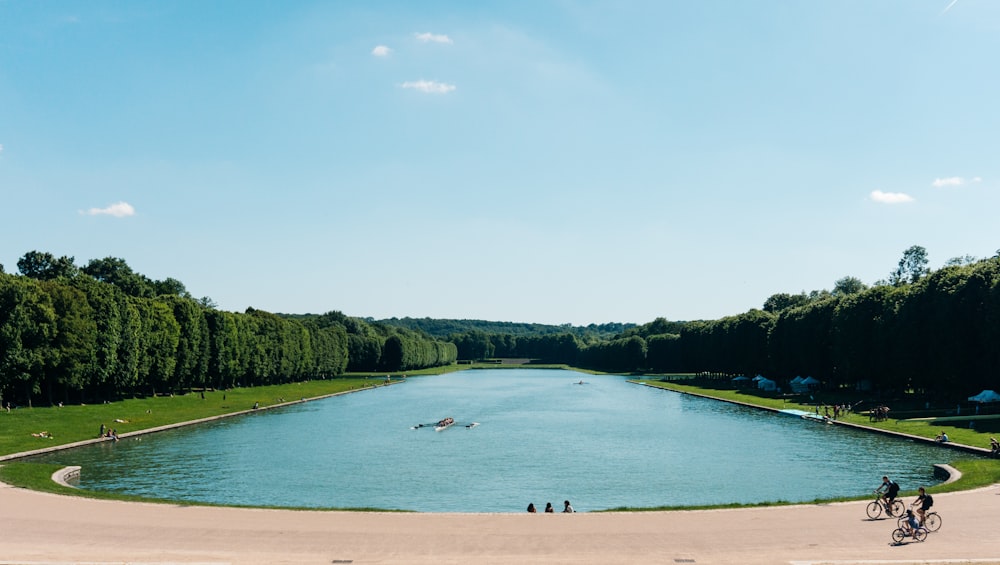 deux personnes faisant du vélo près du lac entouré de grands arbres verts