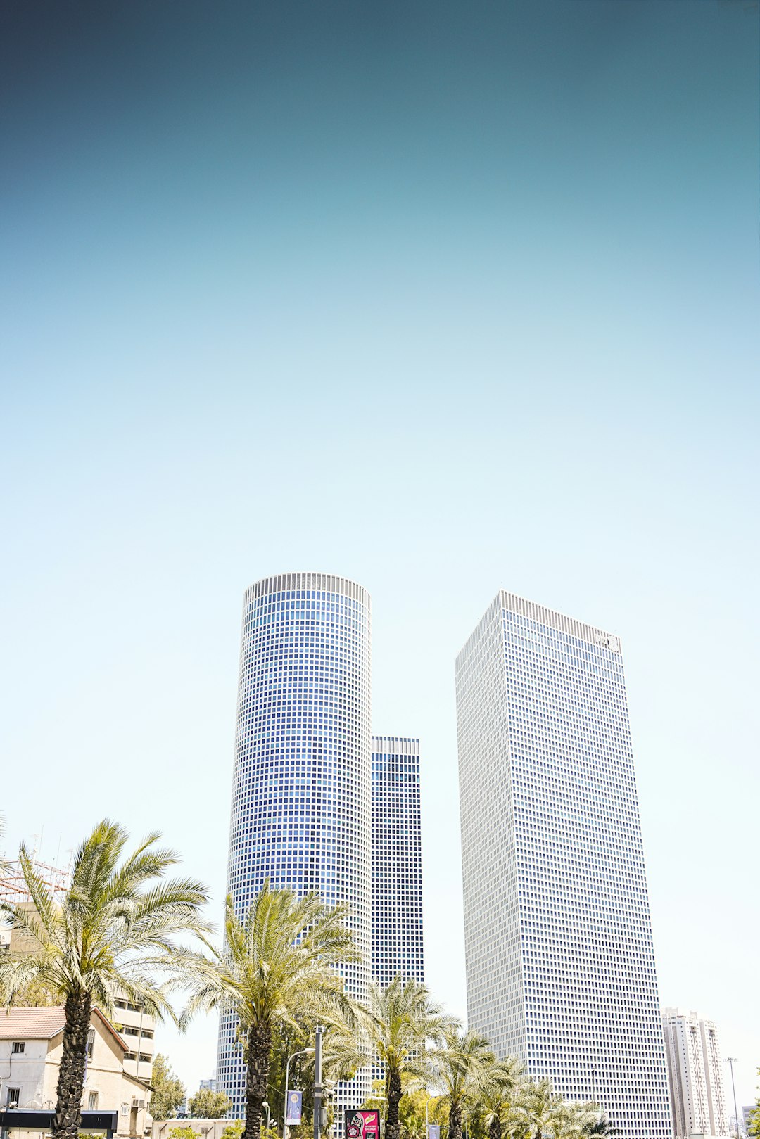 three high-rise buildings near palm trees