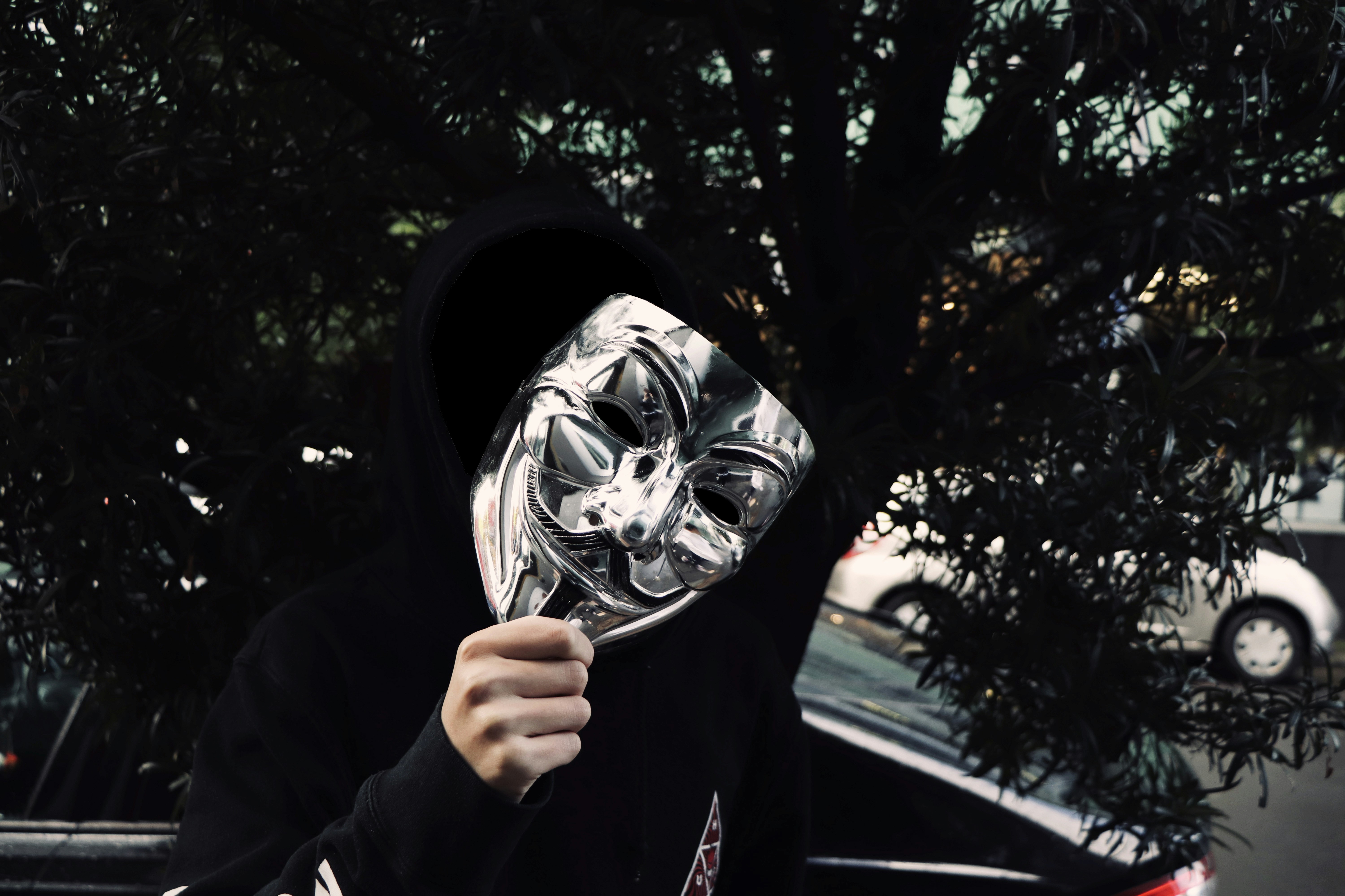 person standing and holding guy fawkes mask