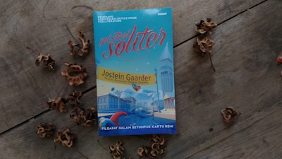 A book titled 'Misteri Soliter' by Jostein Gaarder is placed on a wooden surface surrounded by dried brown leaves. The book cover is predominantly blue with red and yellow text. It features an illustration of architectural structures and a sky with balloons.