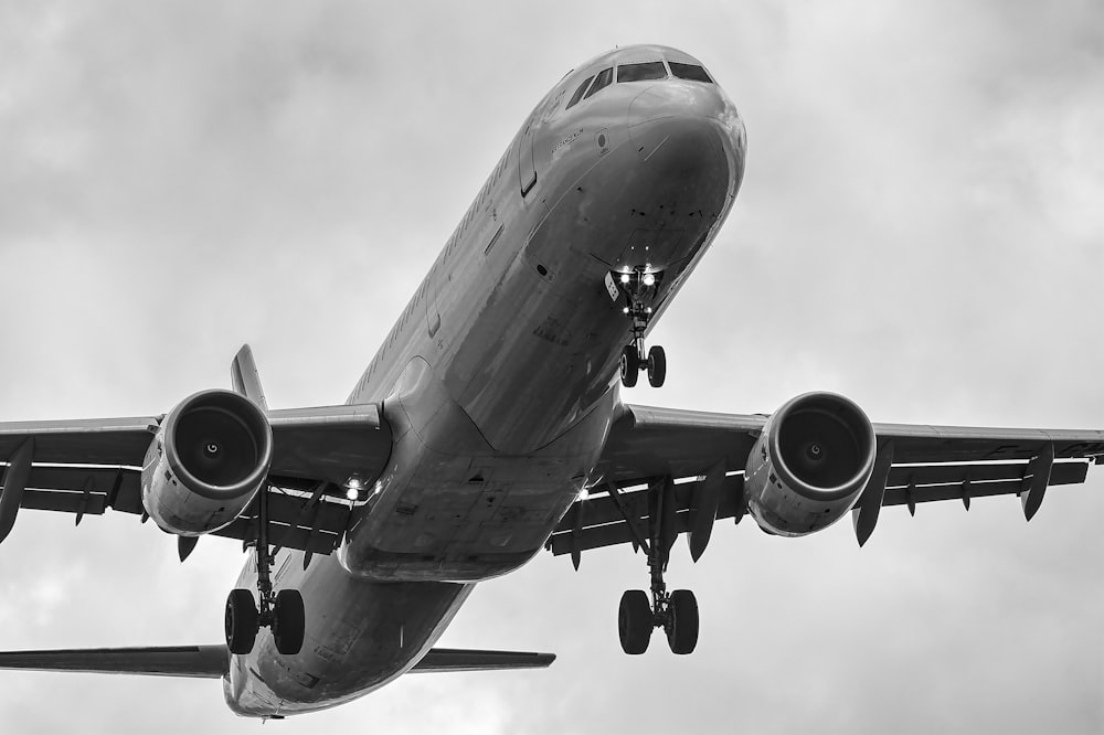 Fotografía en escala de grises de un avión