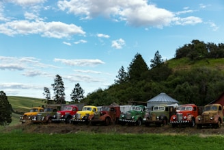 A lineup of custom trucks with unique paint jobs and modifications on display.