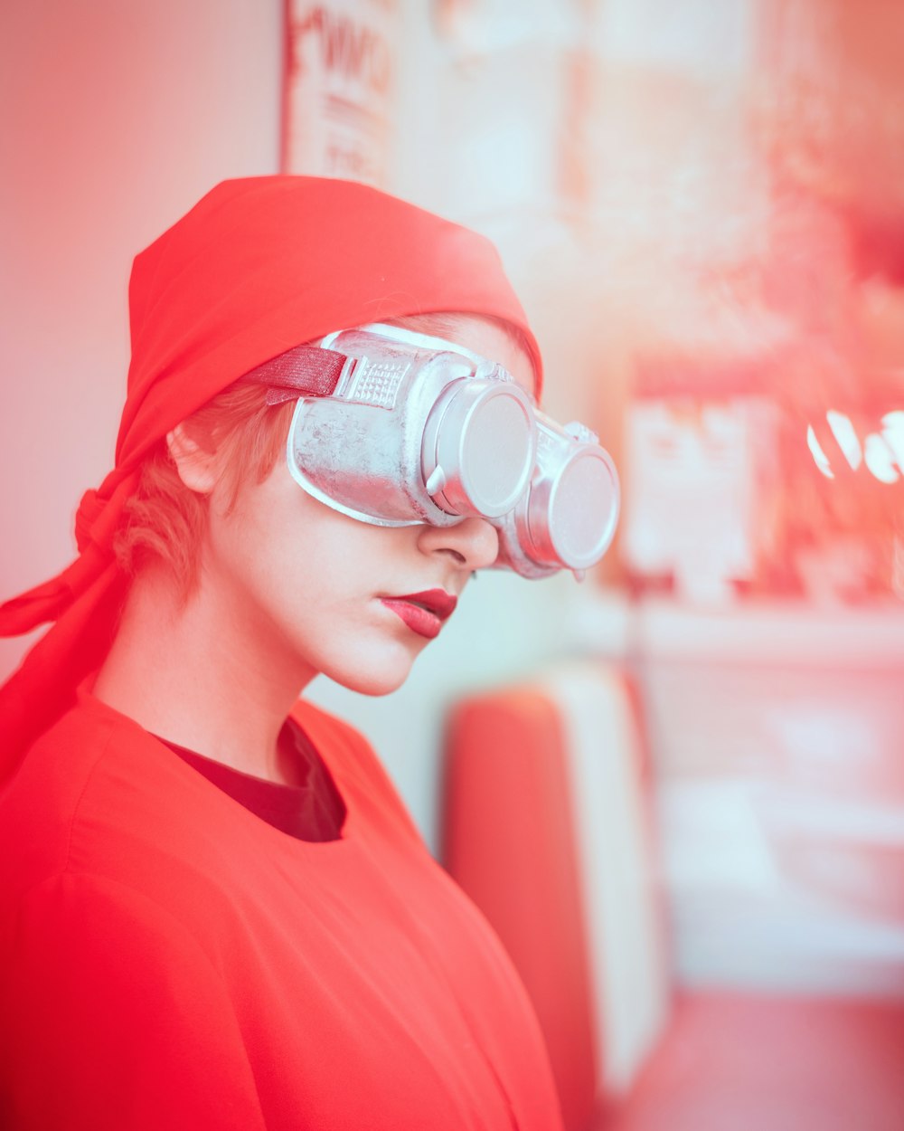 woman wearing gray VR headset