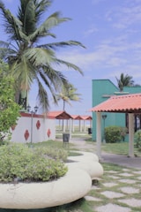 A property manager coordinating maintenance work outdoors on a sunny tropical estate.