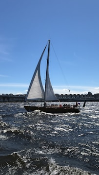 A sailboat with large, white sails glides across choppy waters, with several people visible on board. The sky is clear and blue, and there are buildings and a bridge visible in the background, suggesting a coastal or harbor setting.