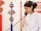 A person wearing a white shirt is speaking on a corded phone with a relaxed expression. The background features colorful decorative ornaments including tassels and fans, with a red and blue theme.