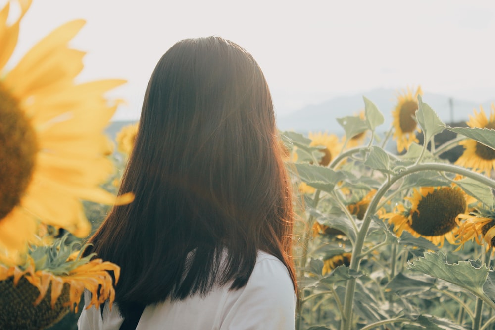 woman standing in sunflower field