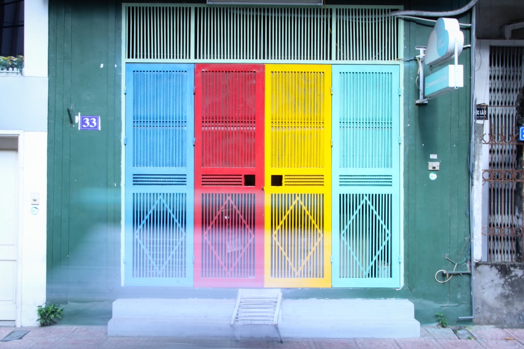 four closed assorted-color doors
