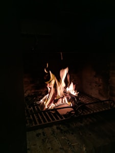 A warm, inviting fire burns in a brick fireplace. The flames flicker and dance over the logs, casting a cozy glow. The firewood is supported by a metal grate.