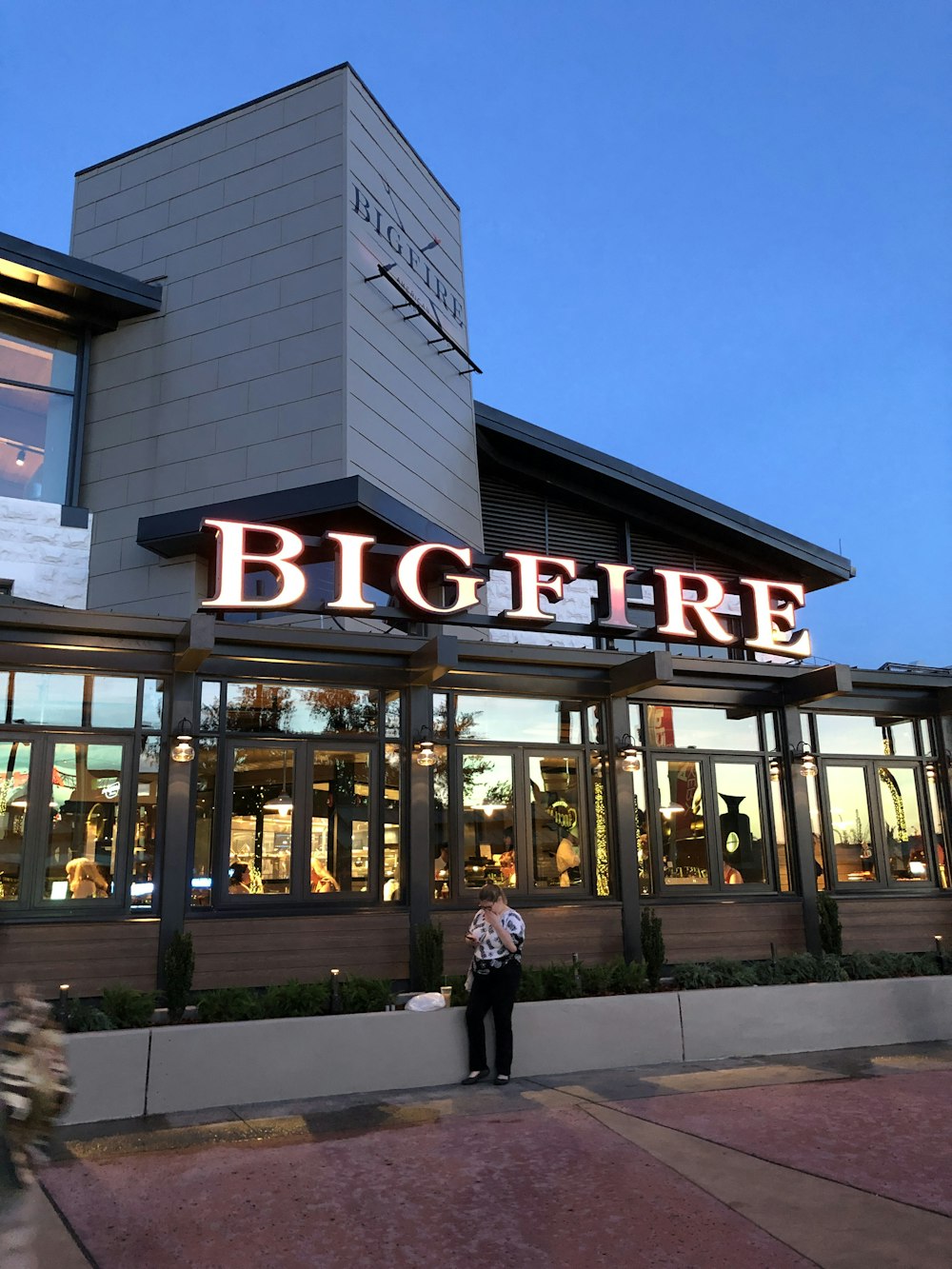 person standing near Big Fire building during night time