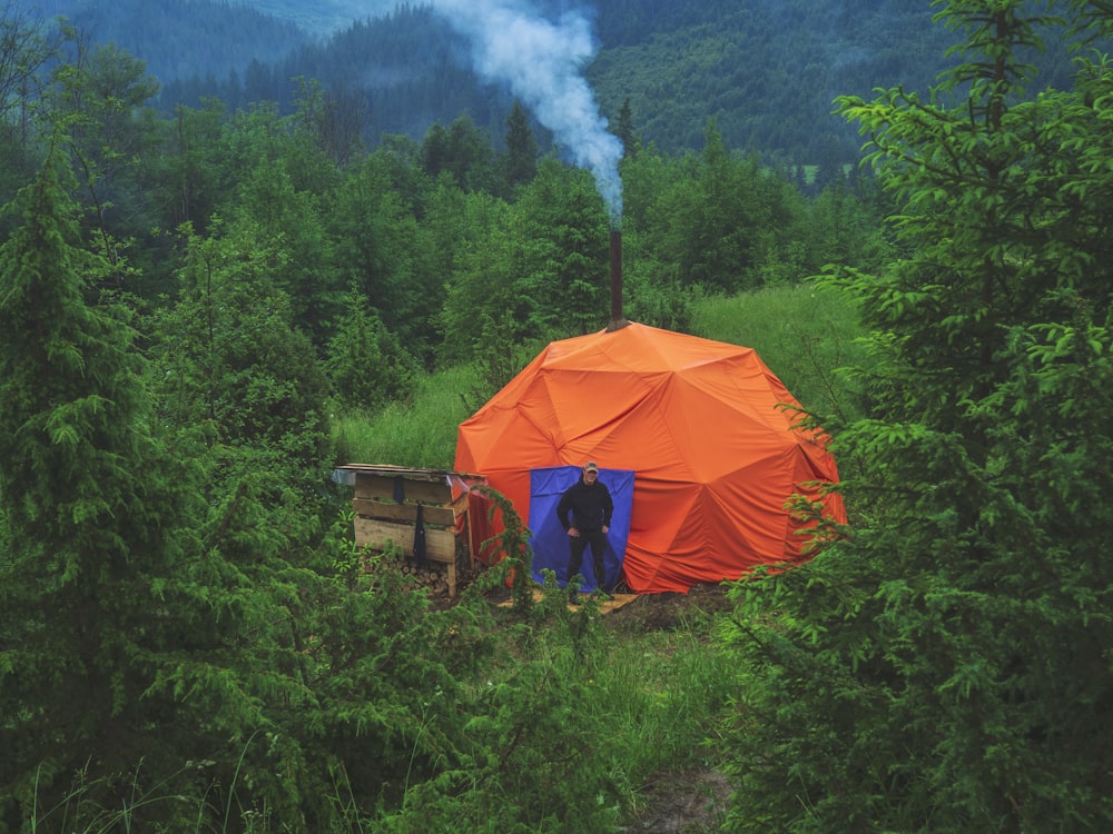 orange and blue tent beside green leaf trees during daytime