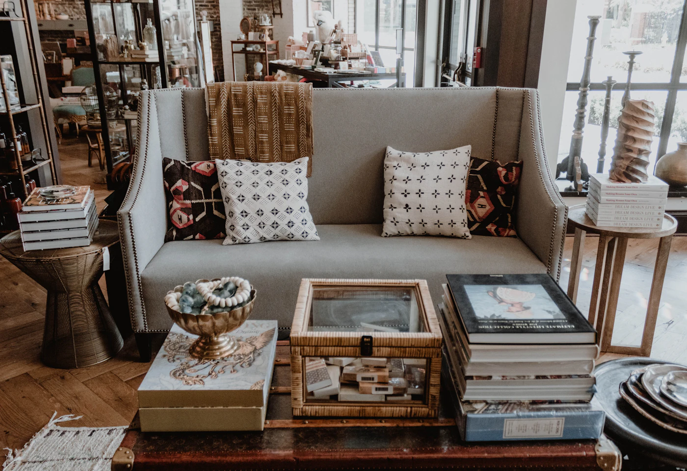 A beige boneless sectional sofa fully expanded after unboxing
