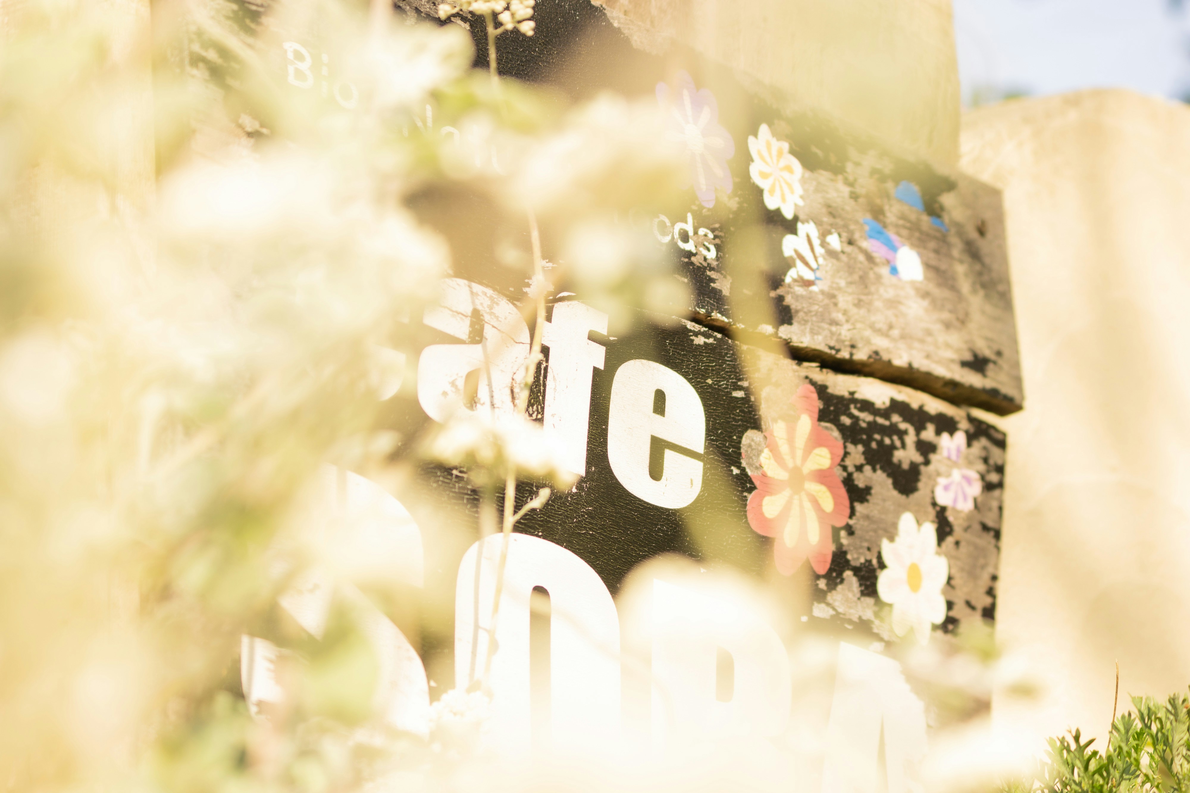 a close up of a stop sign with flowers on it