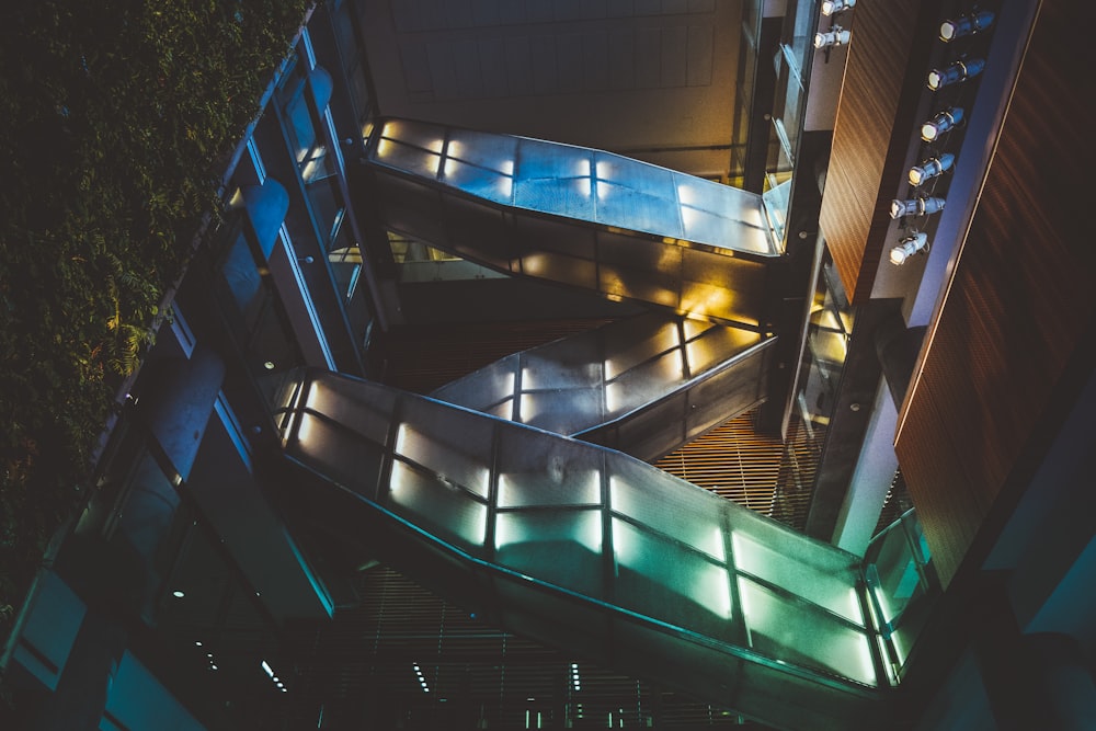 blue and green lighted building interior