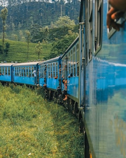 Couple enjoying a scenic train ride through lush green countryside under a bright blue sky.
