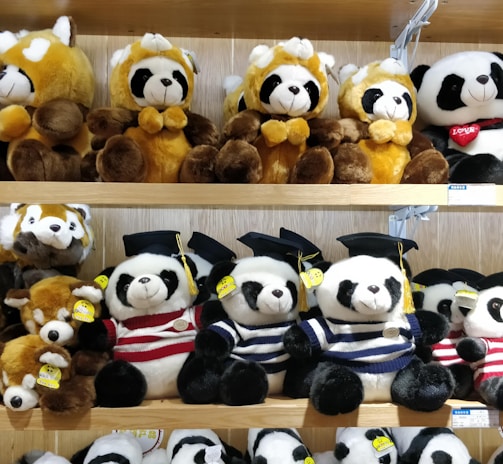 Multiple rows of plush toy pandas and red pandas are arranged neatly on wooden shelves. The toys wear various accessories, like graduation caps and striped shirts. The scene features a mix of brown and white colors, along with black and white on the panda toys.