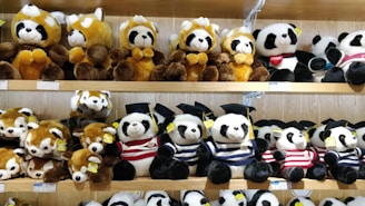 Multiple rows of plush toy pandas and red pandas are arranged neatly on wooden shelves. The toys wear various accessories, like graduation caps and striped shirts. The scene features a mix of brown and white colors, along with black and white on the panda toys.