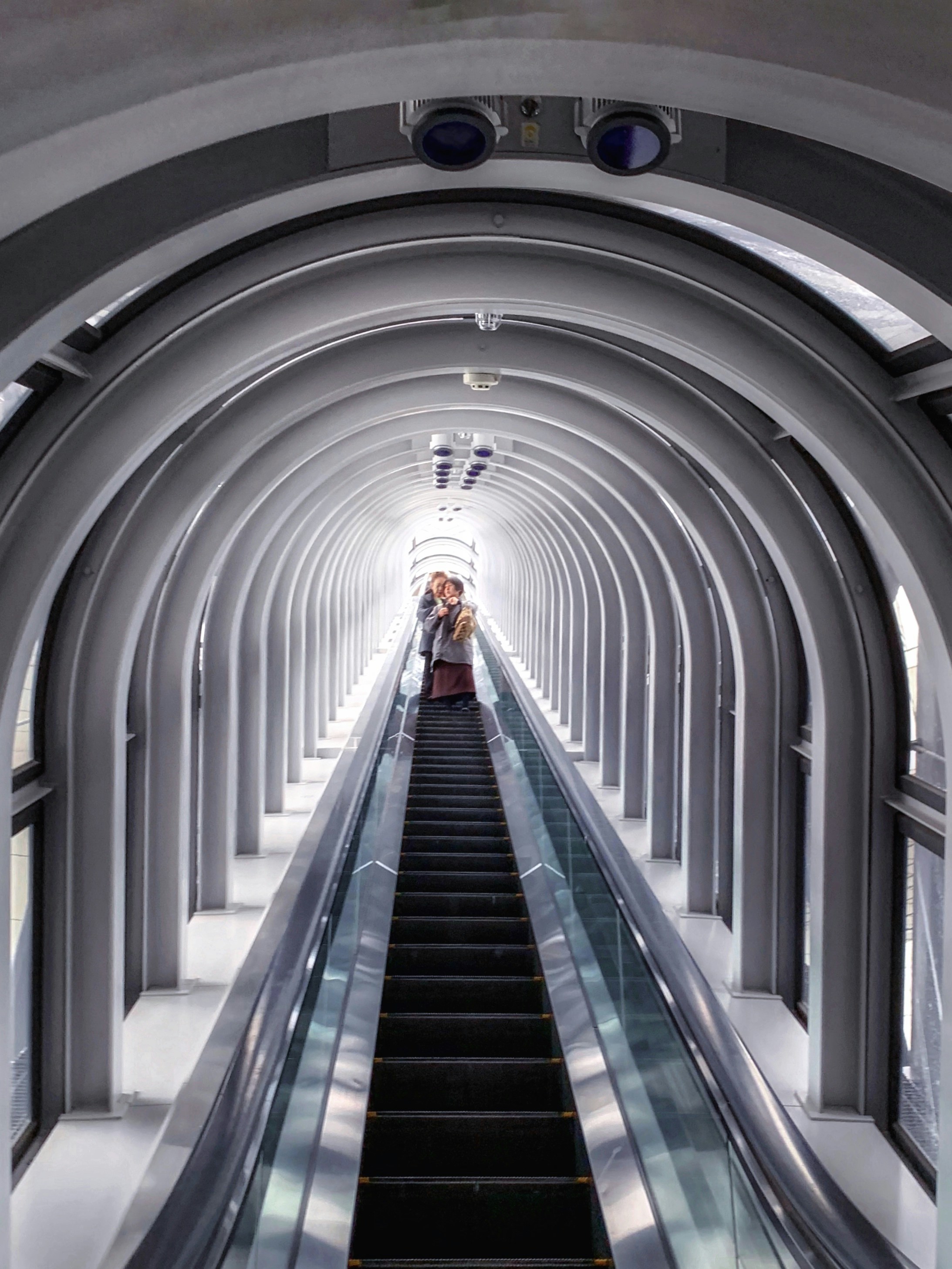 people standing on escalator