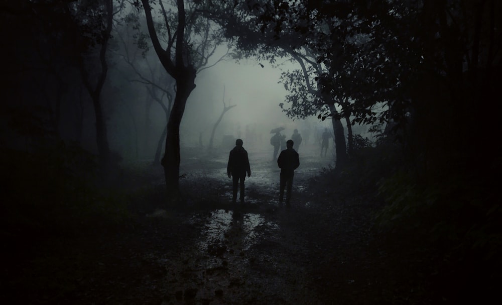 two person in a road during nighttime