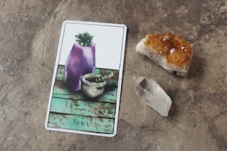 A tarot card is placed on a stone surface, depicting a purple crystal vase with a small green succulent on a teal wooden background. Nearby, there is an orange-colored crystal cluster and a clear quartz point.