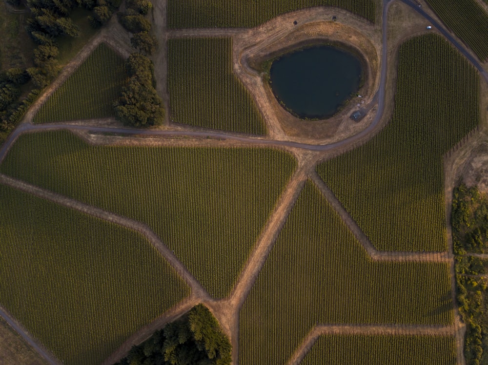 an aerial view of a road and a lake