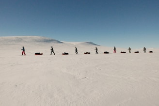 A group of people is trekking across a vast, snowy landscape, each pulling a sled loaded with gear. The terrain is flat and expansive, extending towards distant hills under a clear blue sky.
