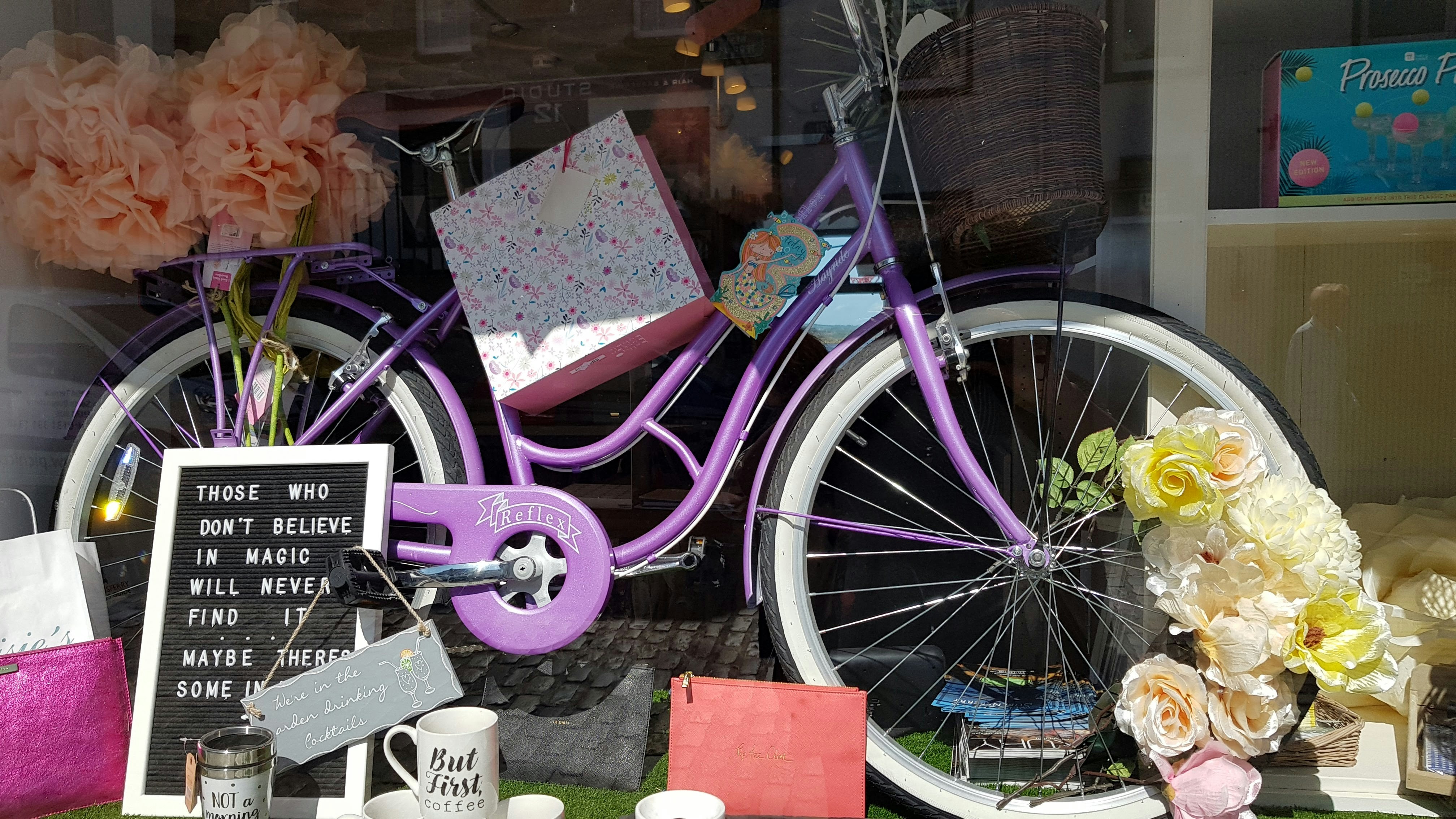 violet and white Dutch bike
