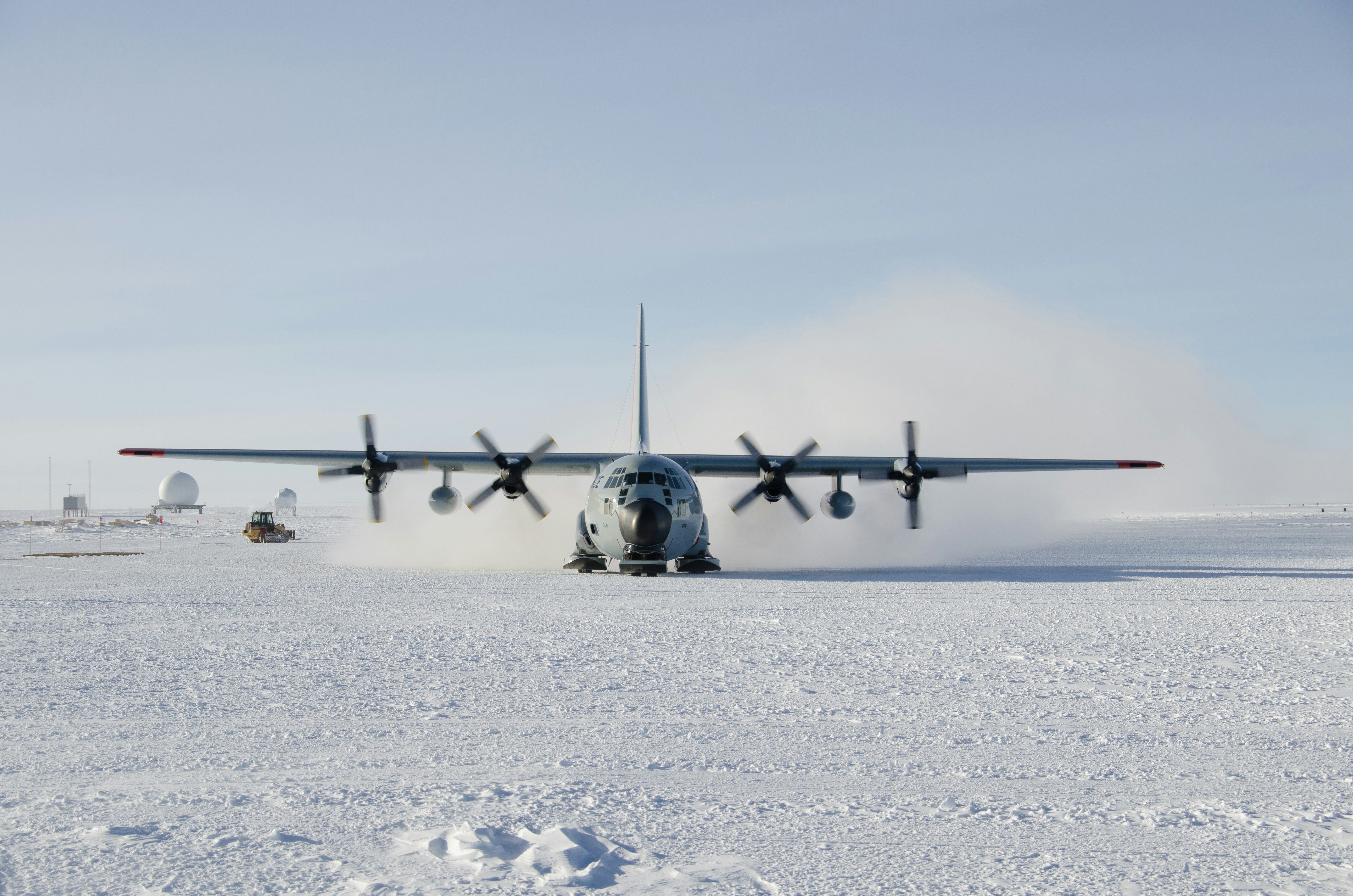 U. S. Air Force C-130 Cargomaster taxiing at South Pole Station.