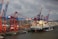 A large cargo ship loaded with colorful shipping containers is docked at a busy industrial port. Several towering cranes in blue and red are actively engaged in loading or unloading the containers onto the ship. The port is filled with stacks of containers, showcasing a bustling hub of maritime trade.