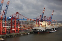 A large cargo ship loaded with colorful shipping containers is docked at a busy industrial port. Several towering cranes in blue and red are actively engaged in loading or unloading the containers onto the ship. The port is filled with stacks of containers, showcasing a bustling hub of maritime trade.