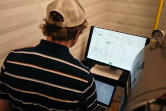 A person with a striped shirt and a cap is standing in front of a computer screen displaying data and analytics. Another laptop is open on a desk below the monitor, and a large metallic tank with a pressure gauge is nearby.