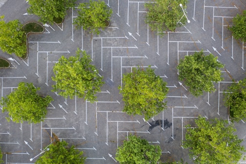 An aerial view of a parking lot with numerous parking spaces outlined in white paint. The lot is interspersed with lush green trees, providing a contrast with the gray surface of the asphalt.