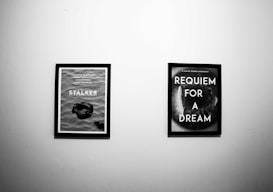Two framed posters are displayed on a plain white wall. The left poster features the title 'STALKER' along with other text and an image resembling a rock or artifact in sand. The right poster is titled 'REQUIEM FOR A DREAM' and features a close-up of an eye or a circular design.