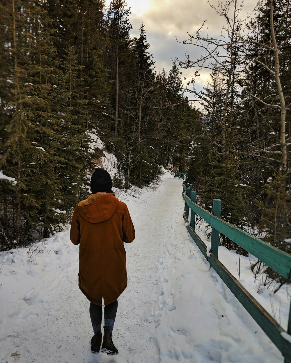 person in a brown coat at a snowy walkway