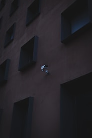 A dark, monochromatic building wall with recessed square windows. A security camera is mounted on the wall, adding a sense of surveillance and modern architecture.
