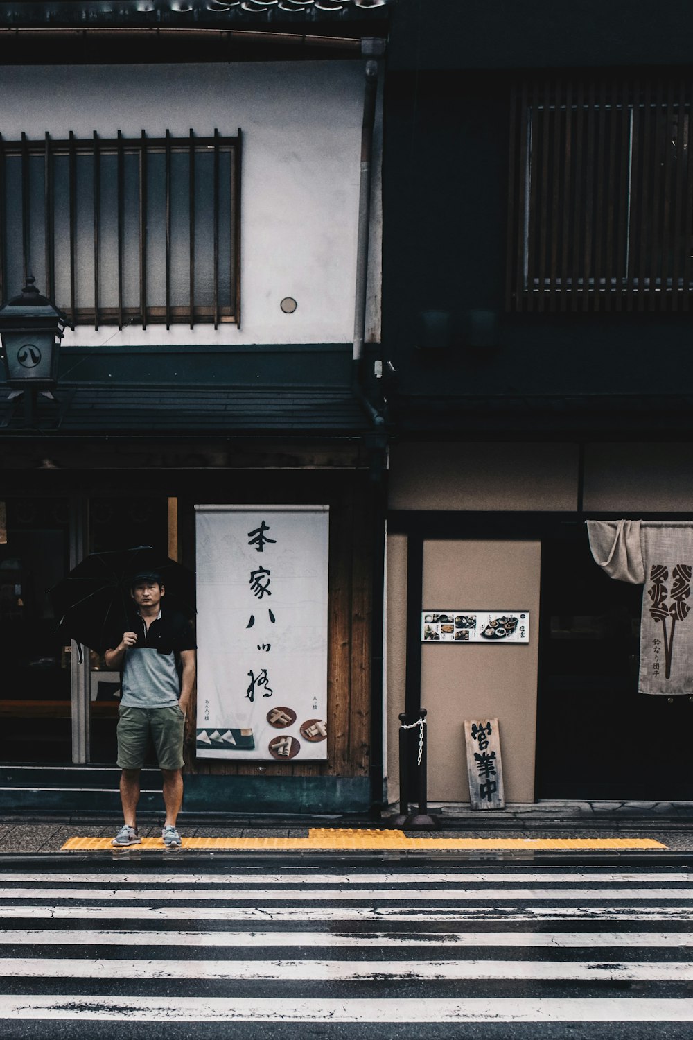 man with black umbrella standing across street