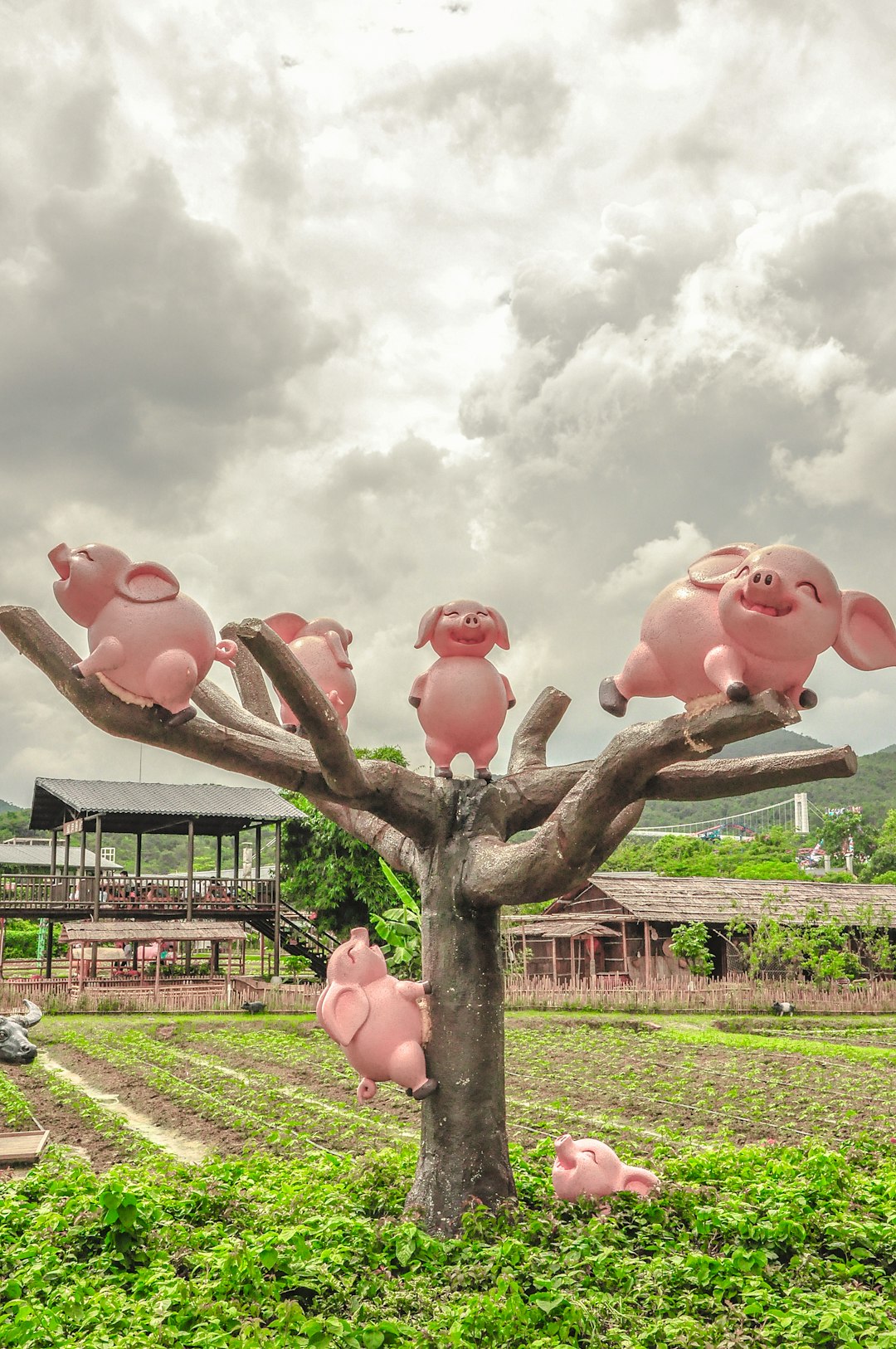 pink pigs decor on tree
