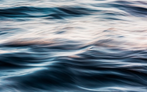 A serene encaustic artwork capturing the gentle movement of water with embedded leaves and grasses.