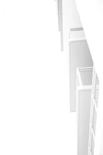 A minimalist balcony with a futuristic digital antenna against a clean blue and white backdrop, slightly blurred on one side for text overlay.