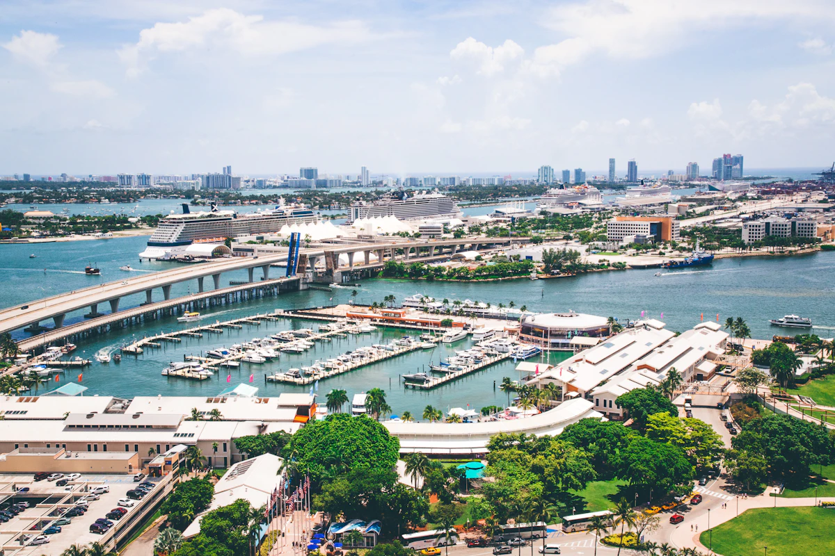 A large cruise ship berthed at a Miami cruise terminal
