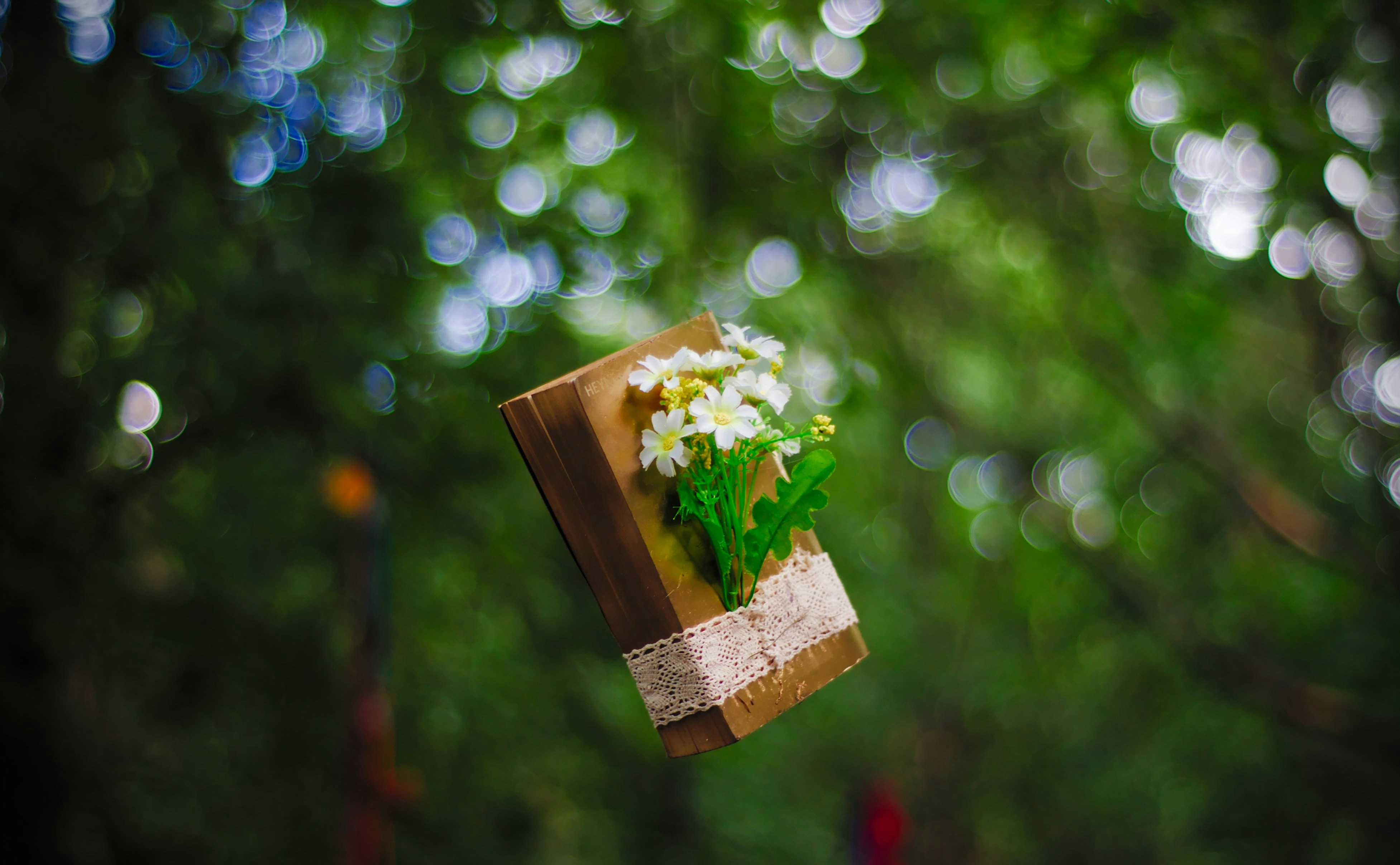 Libro marrone con fiori avvolti a mezz'aria