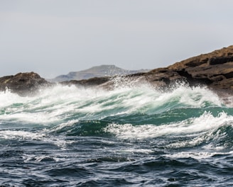 white wave foams breaking on brown rocks in beach