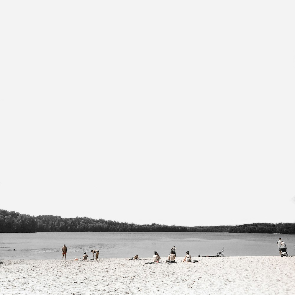 people standing and sitting near beach line